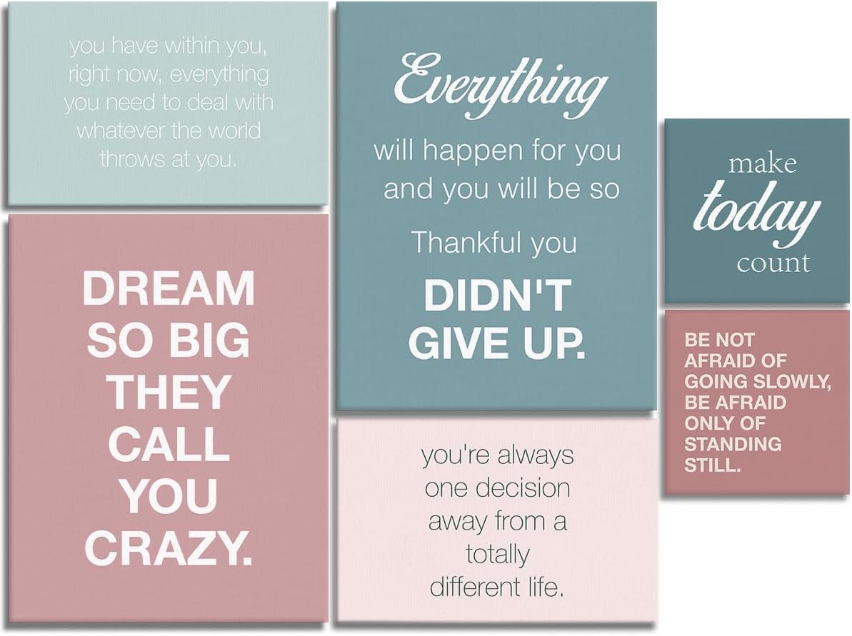 YEOION Inspirational Canvas Wall Art for Office,Motivational Quotes Canvas Wall Art,Light Pink and Light Green Positive Sayings Wall Decor Set of 6
