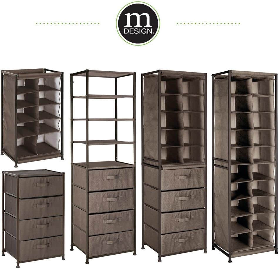 mDesign Vertical Furniture Storage Tower - Sturdy Steel Frame, Easy Pull Fabric Bins - Organizer Unit for Bedroom, Hallway, Entryway, Closets - Textured Print - 4 Drawers - Espresso Brown