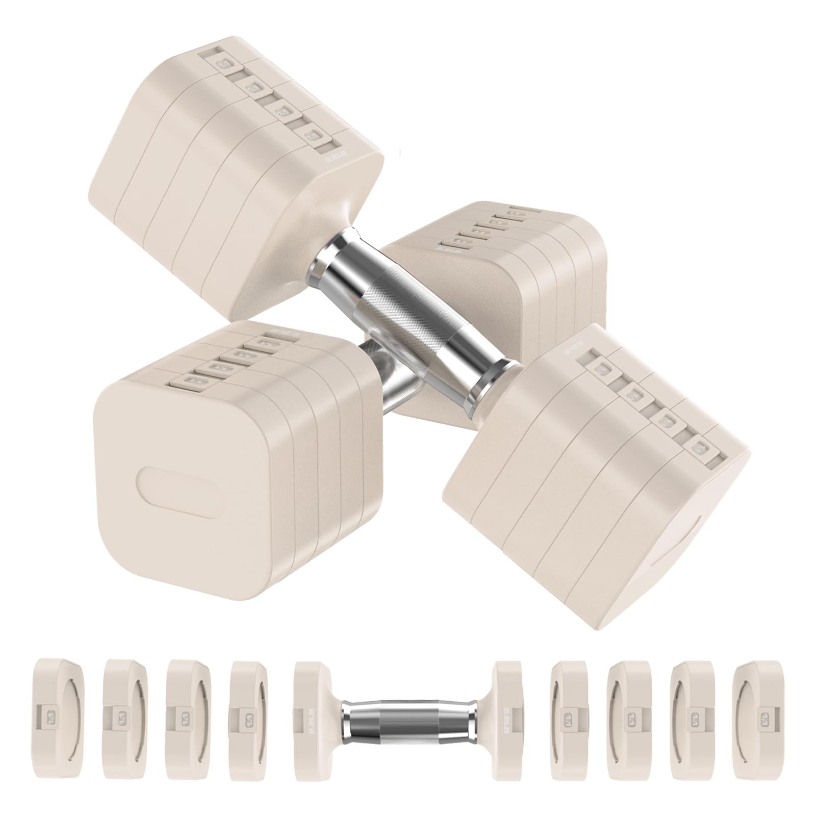 Hezeyferg 22LB 26.4LB 30.8LB Adjustable Dumbbells Set, Adjustable Weight Dumbbells with Multiple Levels, Hand Weights Sets for Women/Men Home Gym Full Body Workout(13.2LB Each (26.4LB Pair), Beige)