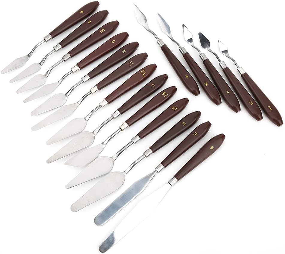 Painting Scrapers Set, 18 Pieces Artist Palette Knife with Wooden Handle, Stainless Steel Oil Painting Gouache Scraper Spatula