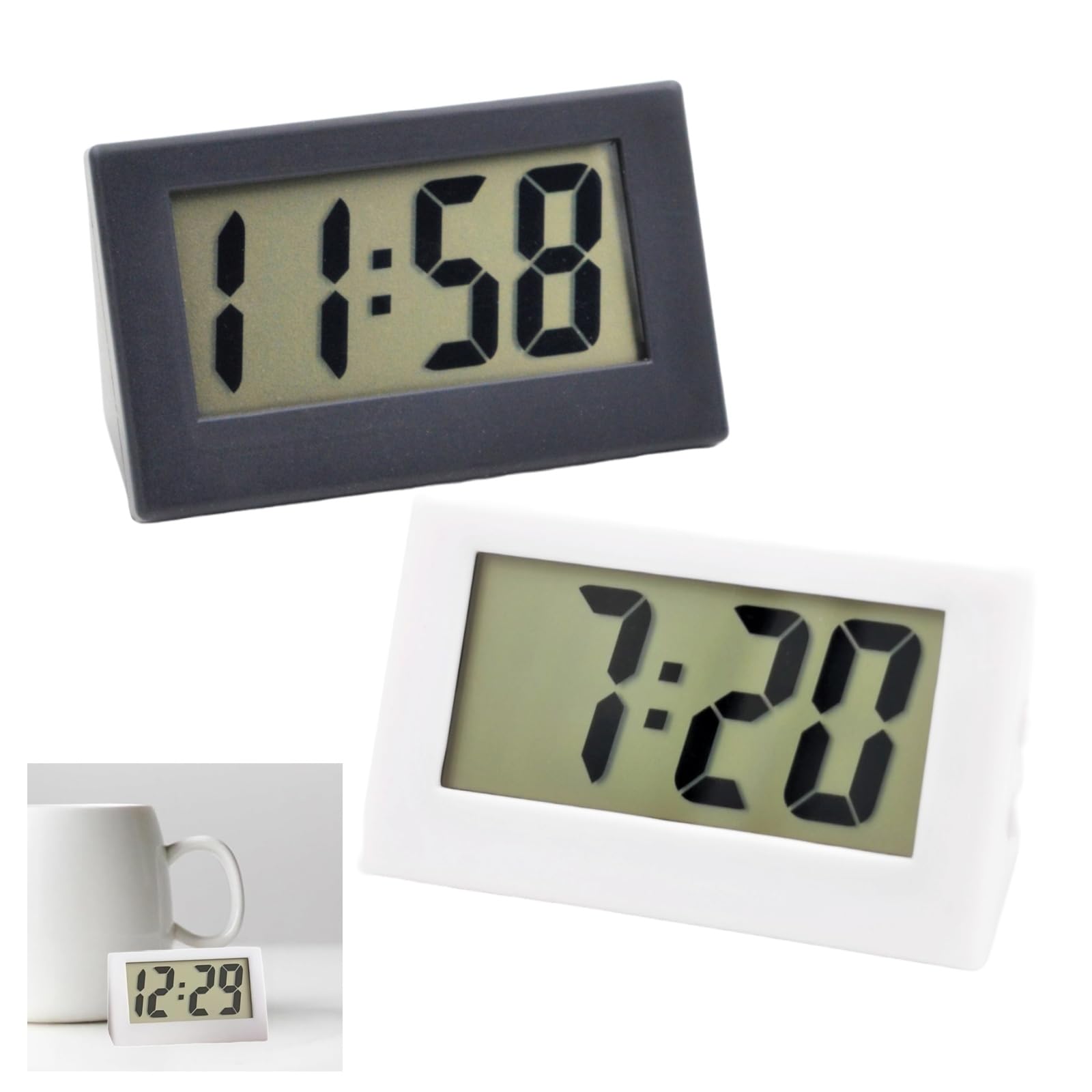 Small Digital Clock 2PCS,Mini Portable LCD Display,Battery Powered Only,Non-Ticking Bedside Desk Clock,Mini Portable LCD Display,Digital Clock Battery Powered Only,Led Digi-tal Electronic,White+Black