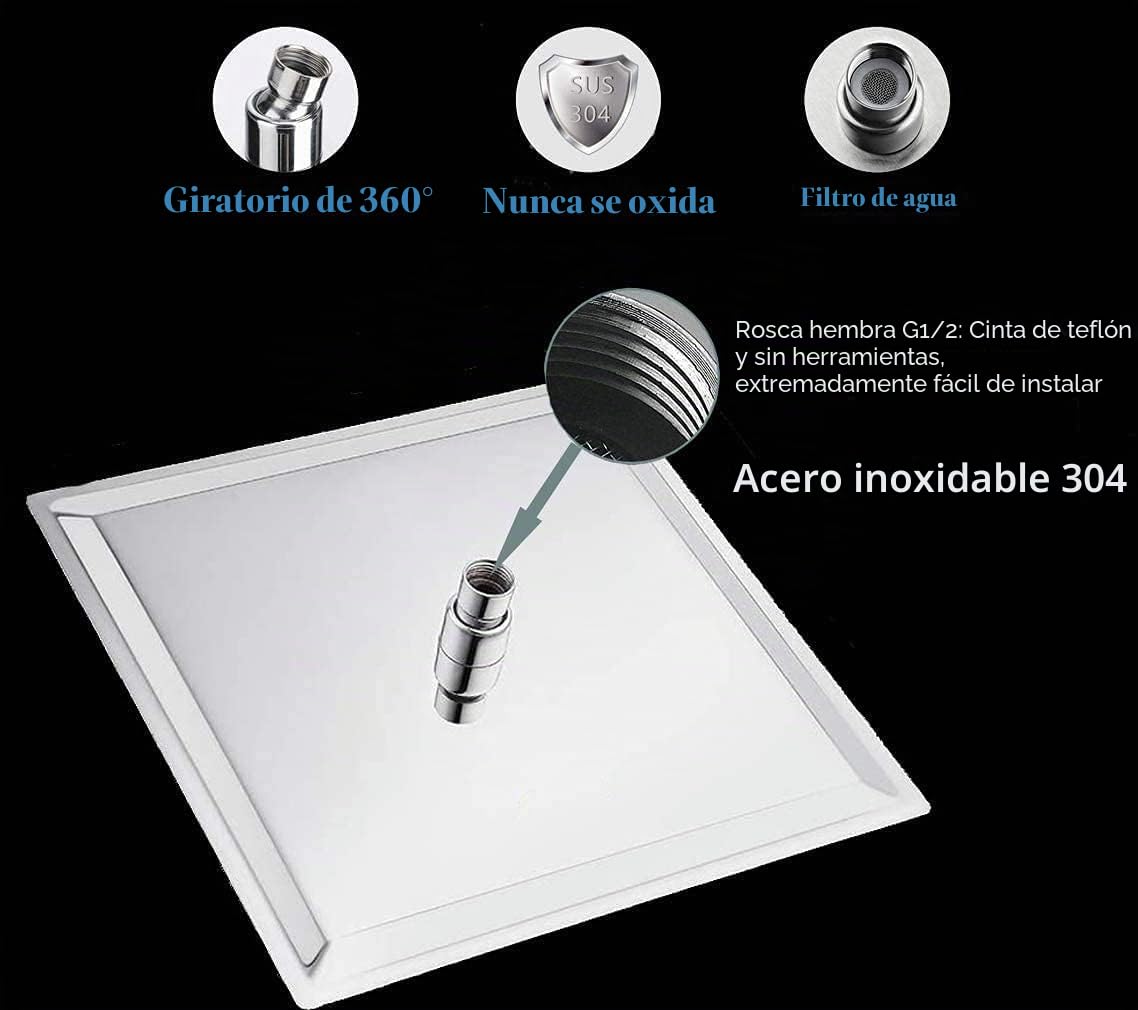 Rociador para Ducha Cuadrado, Alcachofa de Ducha de Acero Inoxidable, cabezal ducha lluvia grande, Plata, 12 Pulgadas, Diámetro de 30 cm