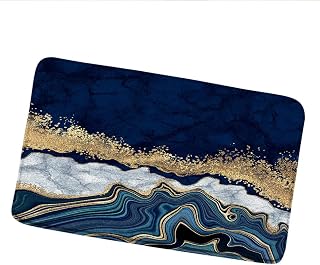 Navy Blue Marble Bath Mat Gold Grey Abstract Modern Art Ink Texture Stone Fashion Bathroom Rugs Kitchen Door Mat Toilet Tub Floor Carpet 17.8x29.5 in