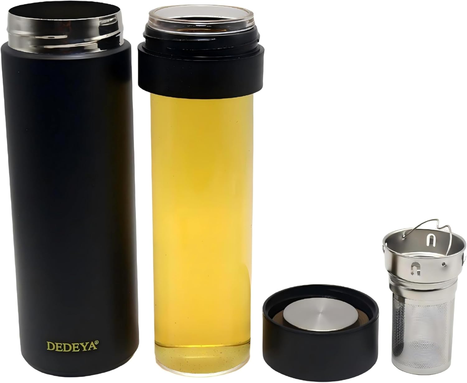 15oz Stainless Steel Vacuum Insulated Water Bottle with glass liner inside,glass lined thermos with Infuser for Hot and Cold drink -Leakproof Travel Mug with Filter (Black,with Tea infuser)