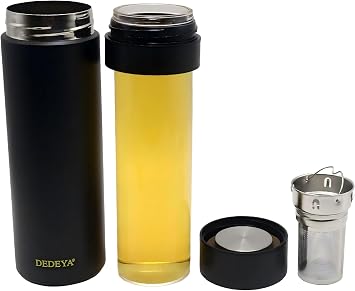 15oz glass lined thermos with Infuser for Hot and Cold drink | Stainless Steel Vacuum Insulated Water Bottle with glass liner inside Leakproof Travel Mug with Filter