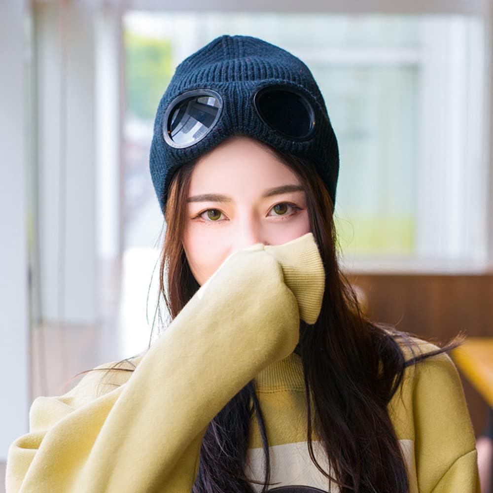 Knitted Goggles Beanie - Fleece Lined Winter Hat for Men Women
