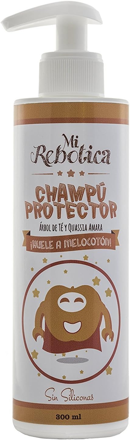 MI REBOTICA PROTECTIVE SHAMPOO 300 ML PEACH SMELL, EXTRA SOFT SHAMPOO, SILCONES&DYES FREE, BASED ON ACTIVE INGREDIENTS OF TEA TREE EXTRACT AND QUASSIA VINAGAR, ACTS AS REPELLENT AND PROTECTER