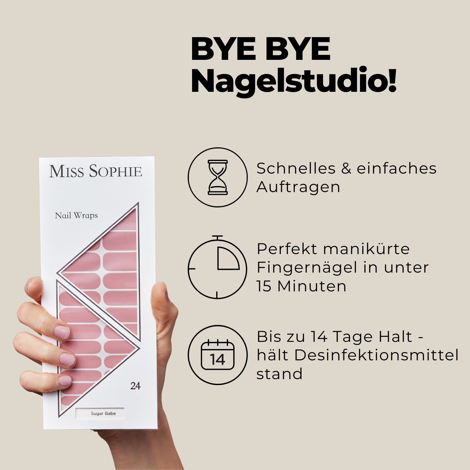Miss Sophie Pellicola per unghie - "Sugar Babe", Tinta unita, Toni nudi, Nail Wraps -24 pellicole per unghie autoadesive ultrasottili a lunga durata