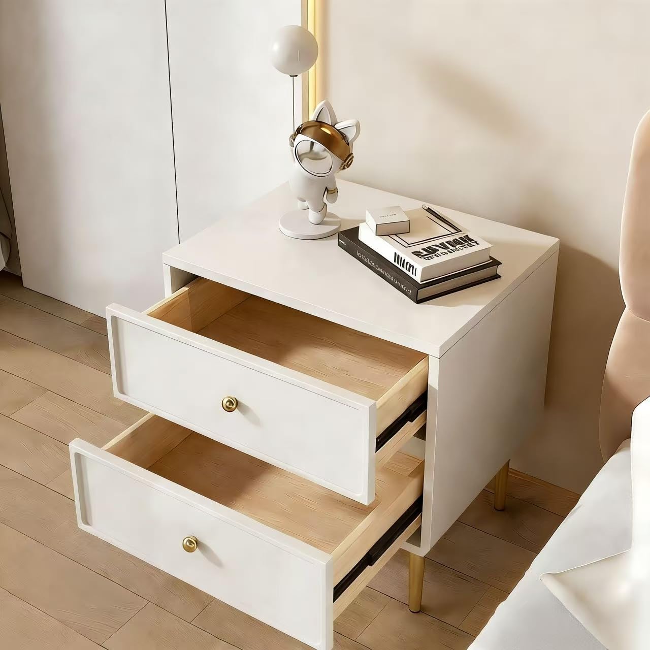 GStone Modern Square Nightstand, 2-Drawer Bedside Table with Solid Wood Drawers, Smooth Easy-Clean Surface, Metal Legs-Gold/Black, Minimalist Bedroom Night Stand – 48×40×63cm (White/Gold Hardwares)