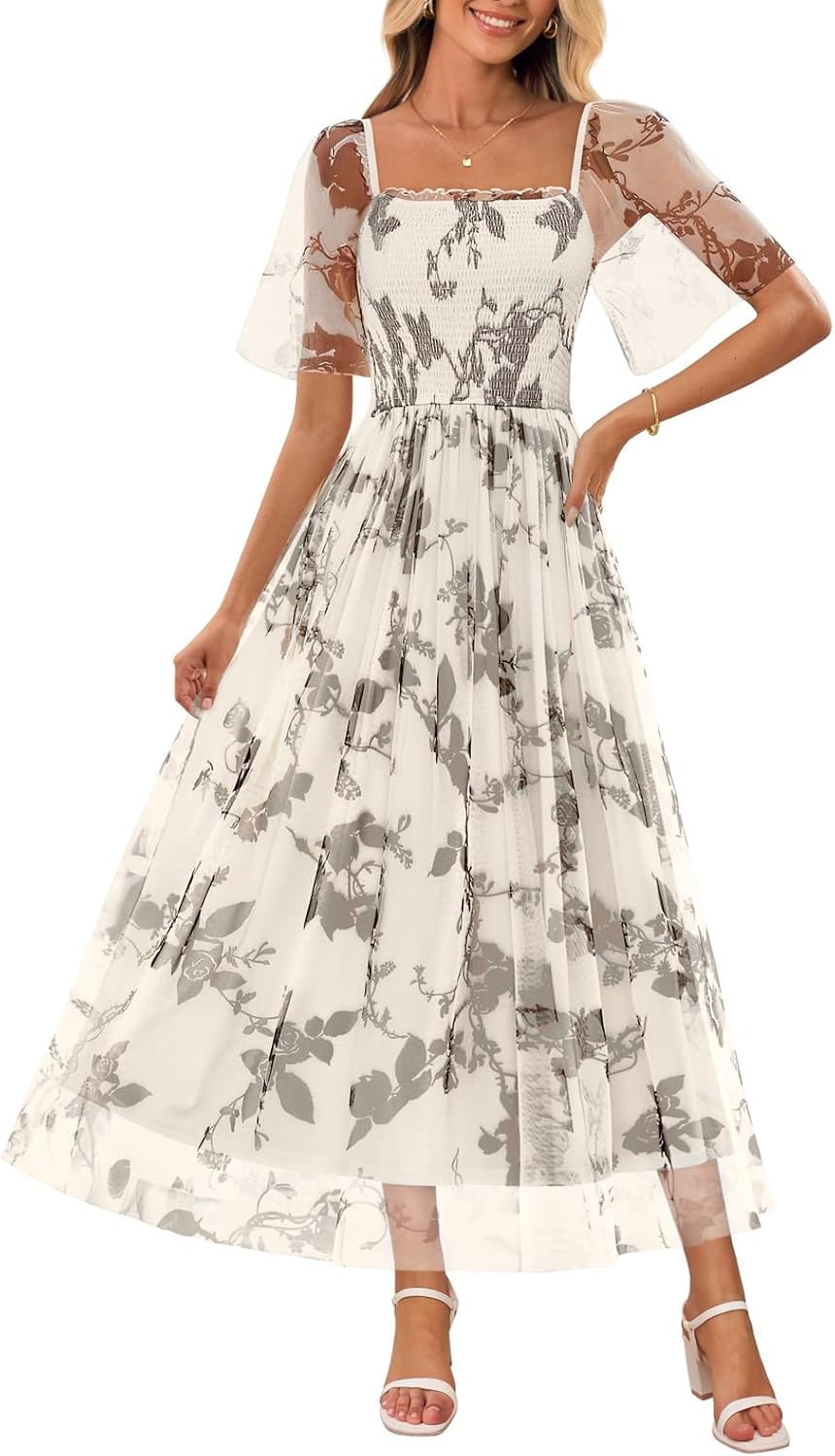 Womens summer floral dress with square neck, smocked detail.