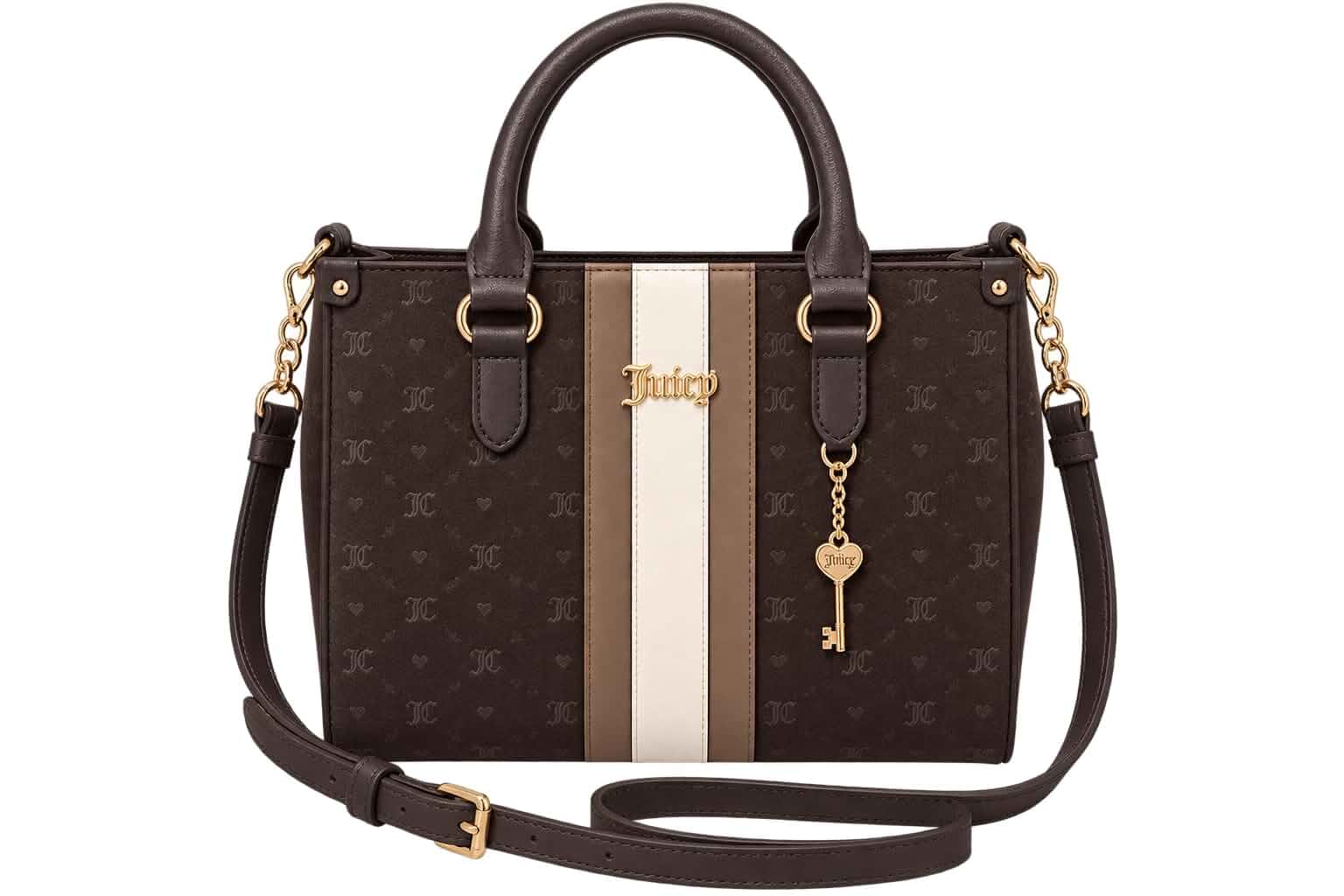 Juicy Couture Bright and Bold Tote Bag, Chocolate Brown Monogram Print, Gold-Tone Hardware, Key Charm Detail, 13" x 10.5" x 5", Crossbody Strap Included