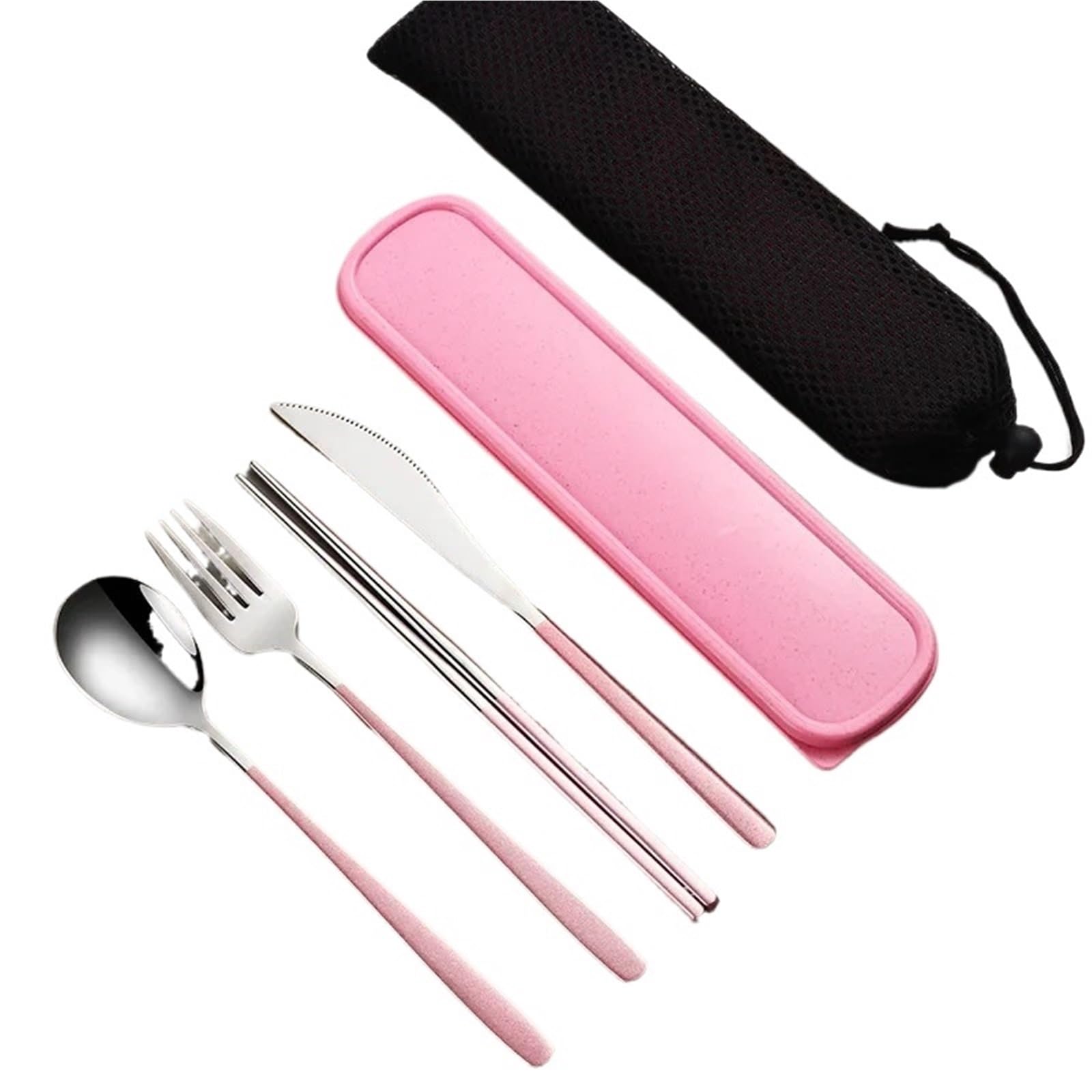 Juego de Cubiertos Juego de vajilla acero inoxidable, cubiertos portátiles, cuchillo, tenedor, cuchara, palillos(Silver-darkgreen)