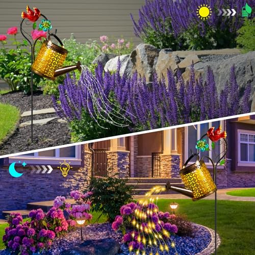 Solar Lanterns Cardinal Granden Decor, Watering Can with Cardinal Shepherd Hook and Cascading Lights, Outdoor Solar Lantern for Garden Yard Decor, Gifts for Women Mom Grandma Birthday, Mothers Day - Thumbnail 3
