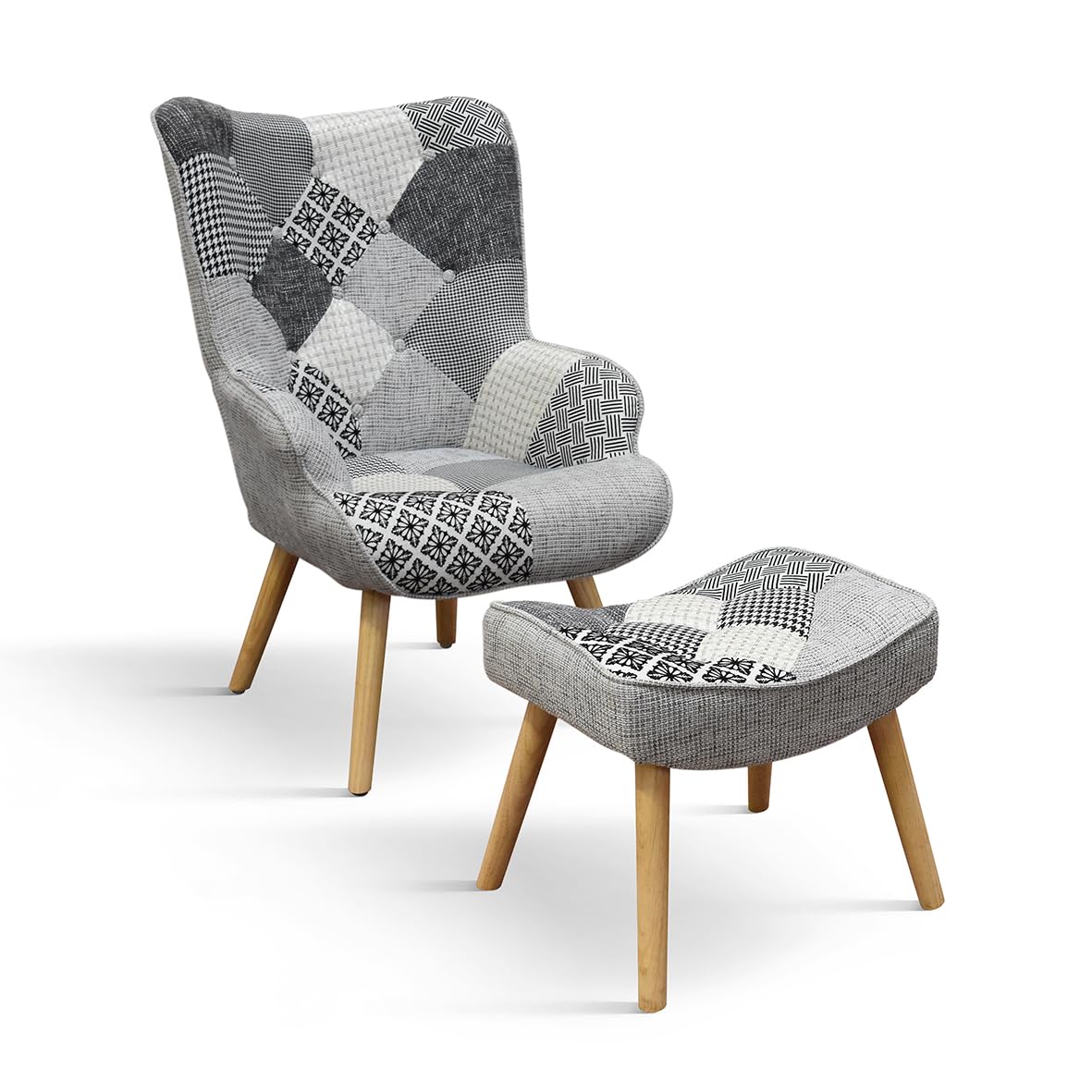 PAZZO DESIGN Poltrona Ludovica, Set Da 1, Multicolore, Poltrona Tessuto, Poltrona Relax, Poltrona Lettura, Poltrona Comoda, Gambe Legno, Con Poggiapiedi - id_2029