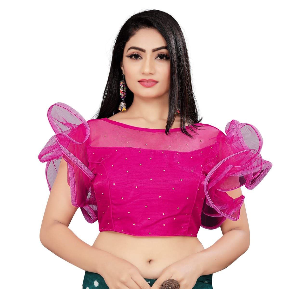 Women's Silk Satin Heavy Diamond Work Blouse Round Neck Front & Back, Fancy Net Sleeve_GF_5565