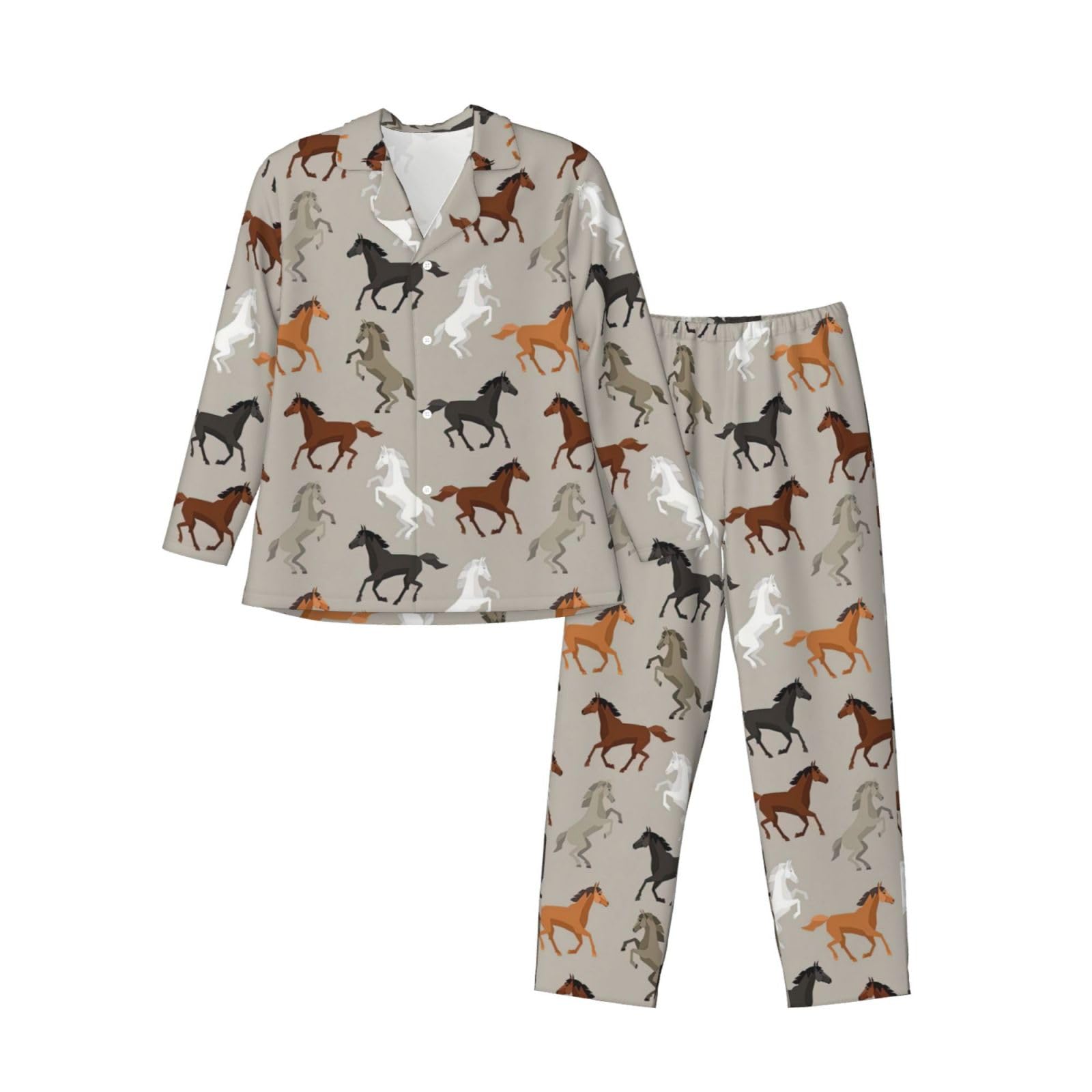 LimPac Cute Horse Print Men'S Pajamas Sleepwear Set, Soft Long Sleeve Button Dow Loungewear With Pockets, Black, XXL