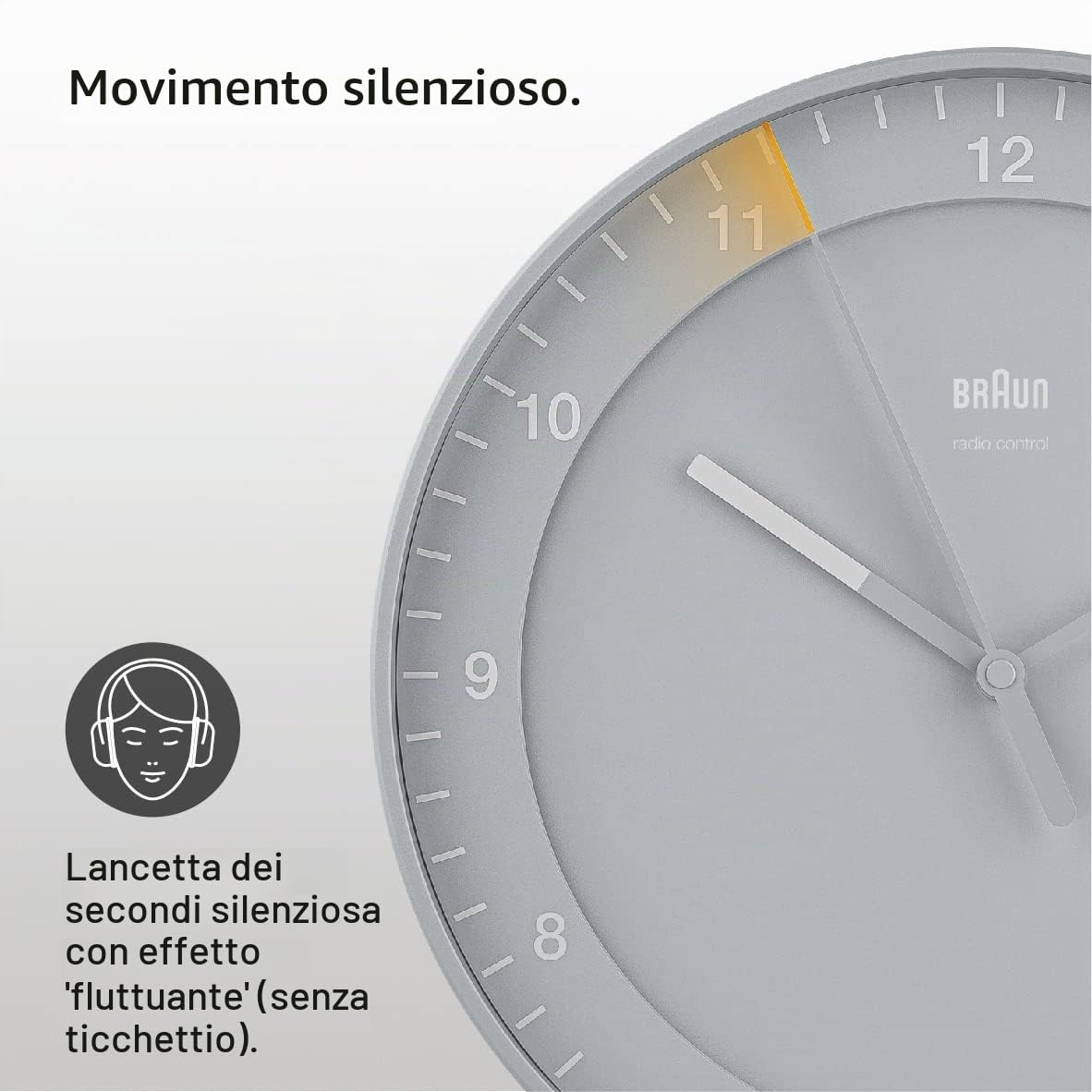 Braun Orologio analogico grande da parete Radiocontrollato Classic per il fuso orario dell'Europa centrale (DCF/GMT+1) con movimento a scansione silenzioso, diametro 30 cm, grigio, modello BC17G-DCF.