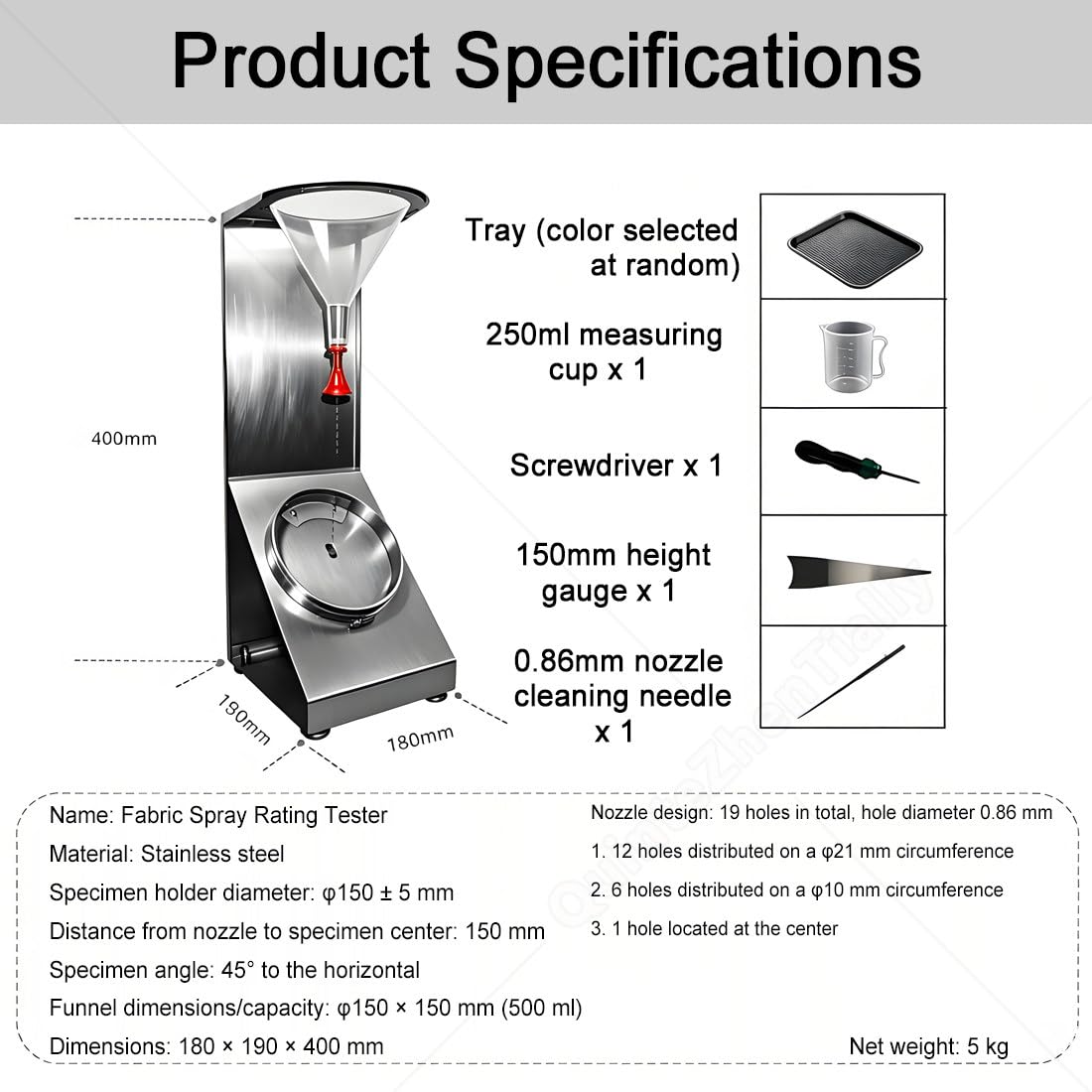 Tester umidità Superficie Tessile,Tester Valutazione Spruzzo Tessuti Tessili,con Angolo Campione 45°,Ugello Regolabile Altezza,per Test Impermeabilità Laboratori Withoutchart