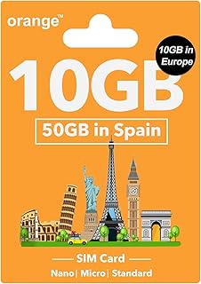 Orange Europe Prepaid SIM Card for 28 Days - 10GB Internet Data in 4G/LTE in Europe, 25GB + 400 Minutes Calling in Spain, Europe SIM Card for iPhone and Android, Supported Hotspot