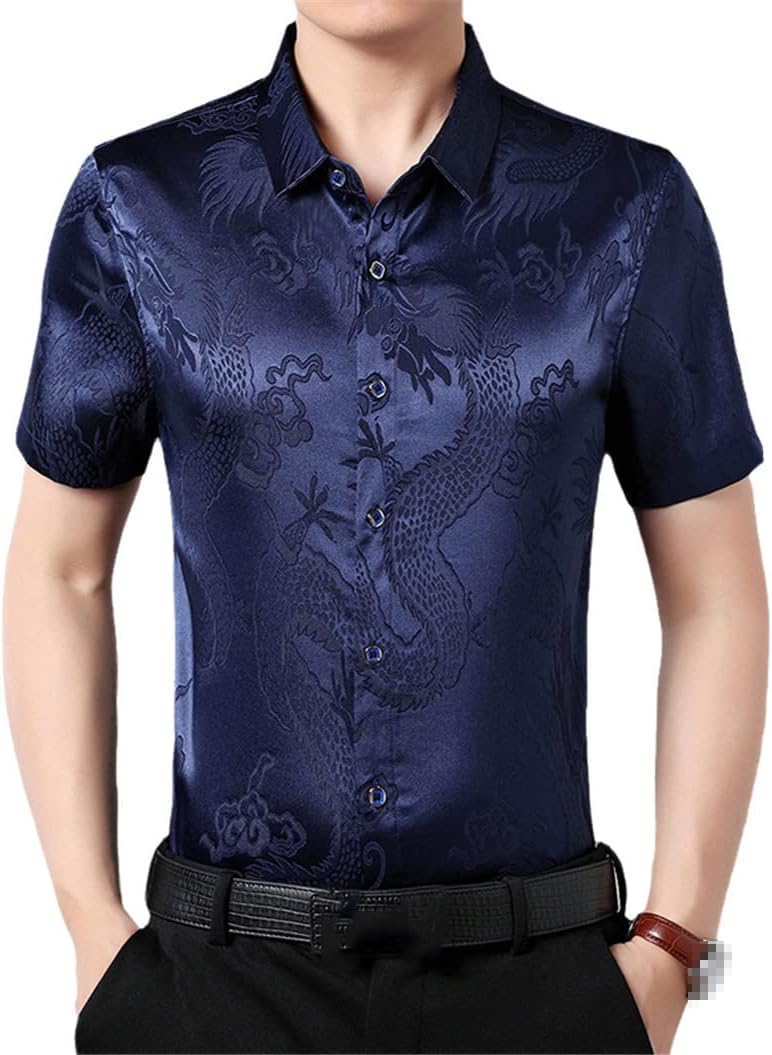 Mens Chinese Dragon Jacquard Dress Shirts Casual Smooth Silk Satin Shirt Short Sleeve Button Down Men's Shirt