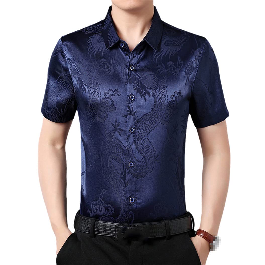 Kiioouu Mens Chinese Dragon Jacquard Dress Shirts Casual Smooth Silk Satin Shirt Short Sleeve Button Down Men's Shirt