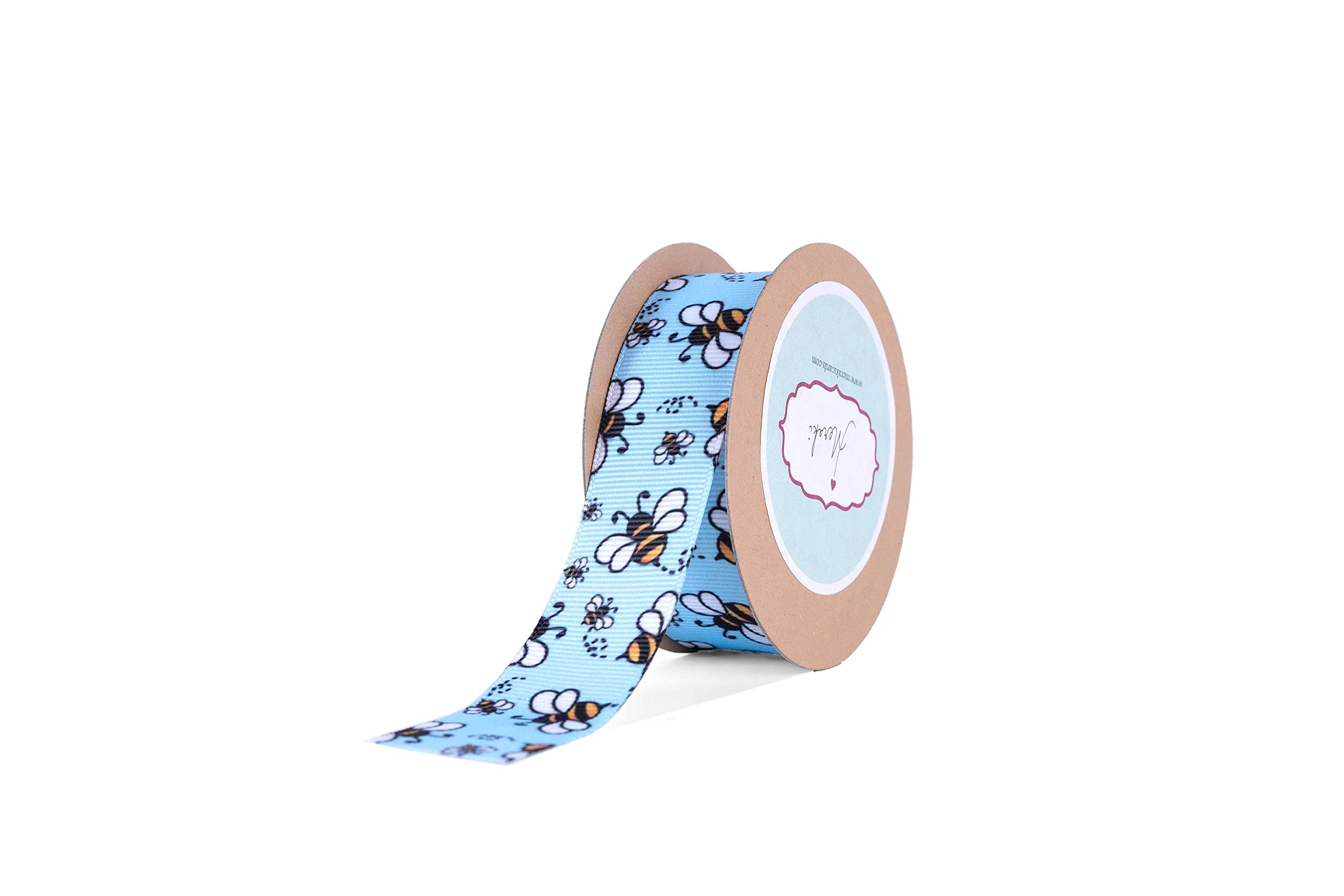 Meraki Cards White Grosgrain Ribbon with Blue Background and Honeybee(W: 25mm, L: 5 Yards)