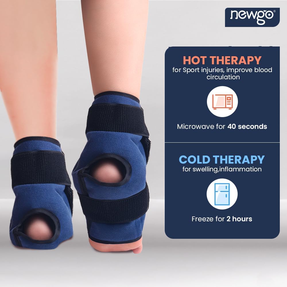 NEWGO Gel Ice Pack Wrap for Ankle & Foot - Reusable Hot and Cold Therapy Wrap for Pain Relief, Swelling, Plantar Fasciitis, Achilles Tendonitis & Sprains - Adjustable Compression Brace (1 Pair)