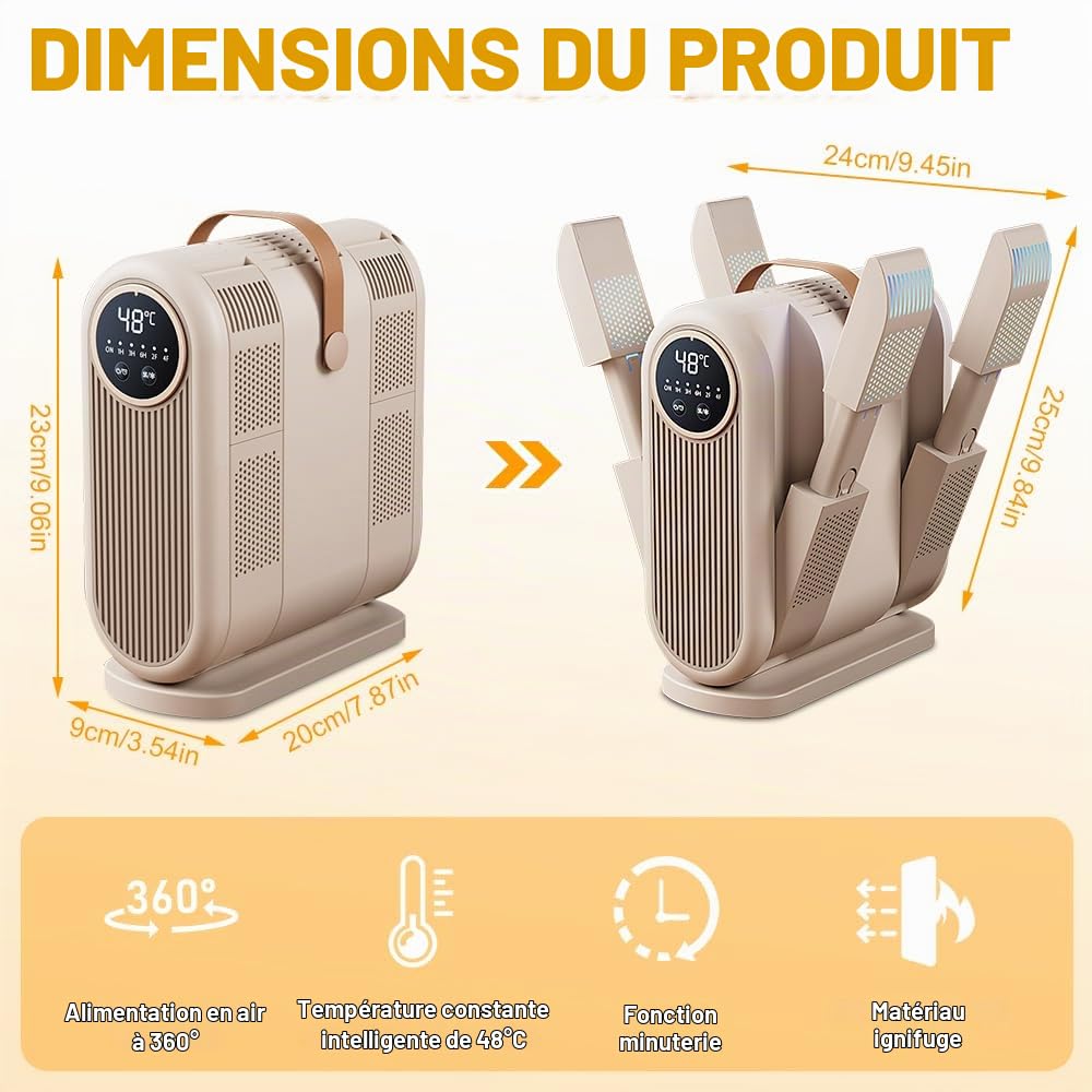 Seche Chaussure Électrique, Sèche-Gants, Chauffage à Température Constante de 48 °C, Minuterie à Trois Vitesses, Antibactérien, Séchage Rapide pour Sécher Les Chaussures, Bottes, Gants et Chaussettes
