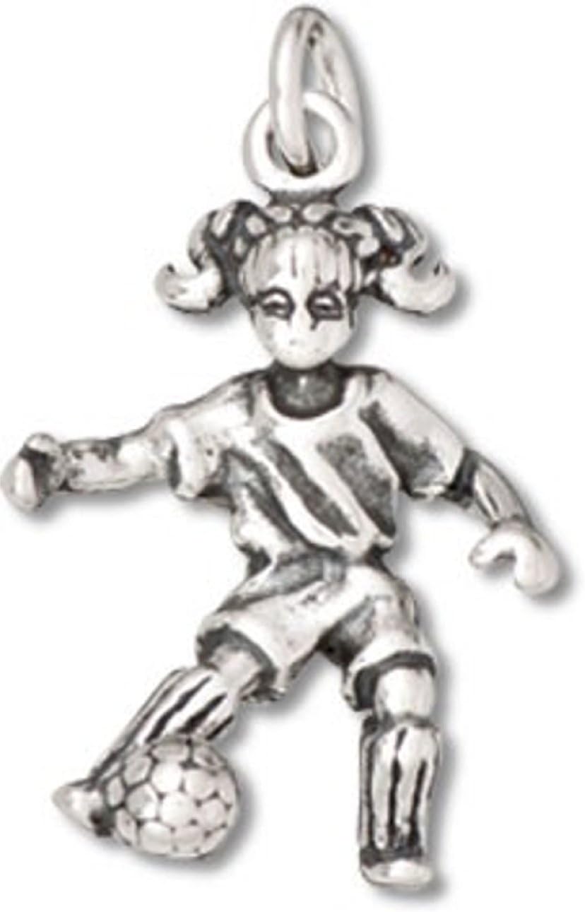 Sterling Silver 3D Girl Playing Soccer Kicking Soccer Ball Sports Dangle Charm Bead For Bead Bracelet