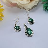 Vista 5 de Malachite Oval Gemstone Earrings Pendant Set, Solid 925 Sterling Silver Jewelry Set for Women, Handmade Dangle Drop Earring And Pendant Bridesmaid