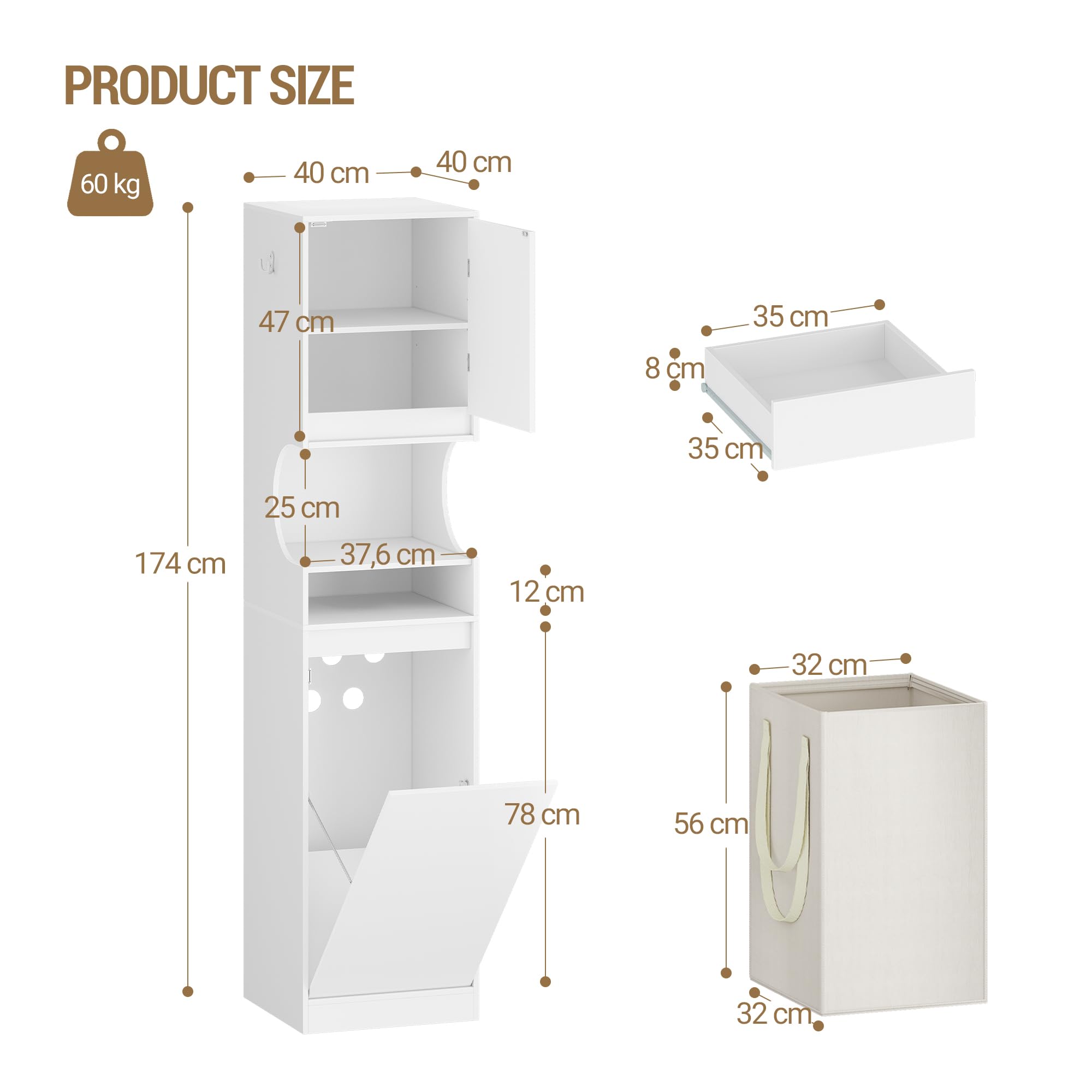 Hzuaneri Mueble Columna de Baño, Mueble Ropa Sucia con 1 Cesto para Ropa, Columna de Baño Mueble de Baños, Apto para baños, lavadero, Sala de Estar, 40 x 40 x 174 cm, Blanco BC43013X
