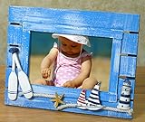 BANBERRY DESIGNS Beach Picture Frame with Sailboats & Lighthouse - Weathered Ocean Blue Wood Background - Nautical Kids Bathroom Decor - for 4x6 Photo