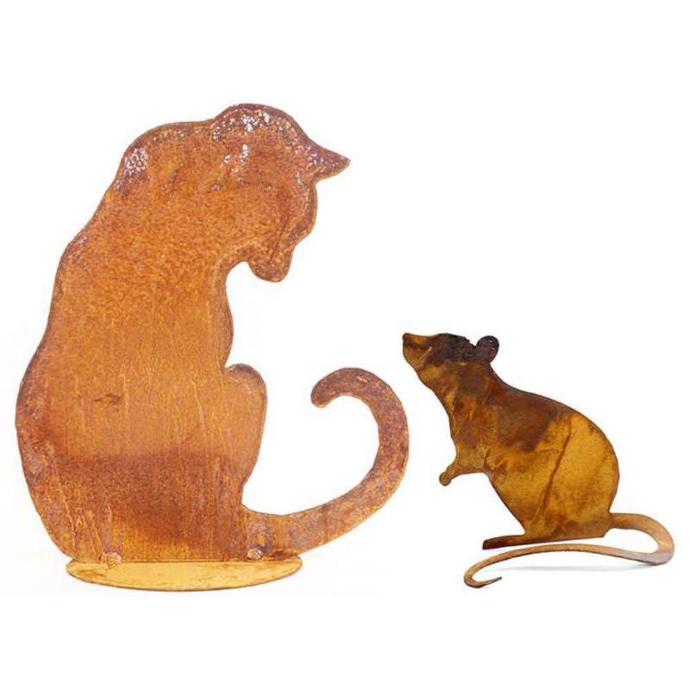 Garten-Deko Rostfigur Katze Mit Maus – 2-teiliges Set, Metall, Ca. 35 Cm & 14 Cm Hoch