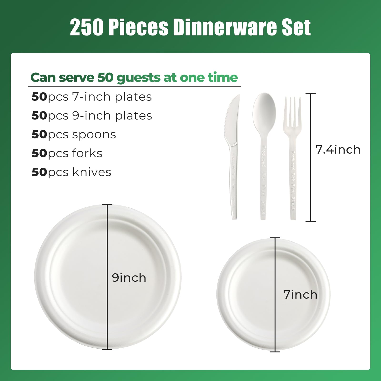 250 Pcs Biodegradable Paper Plates Set Disposable Dinnerware Set, Eco Friendly Compostable (EXTRA LONG UTENSILS), Utensil include, Forks, Knives and Spoons for Party andBirthday party, camping 2