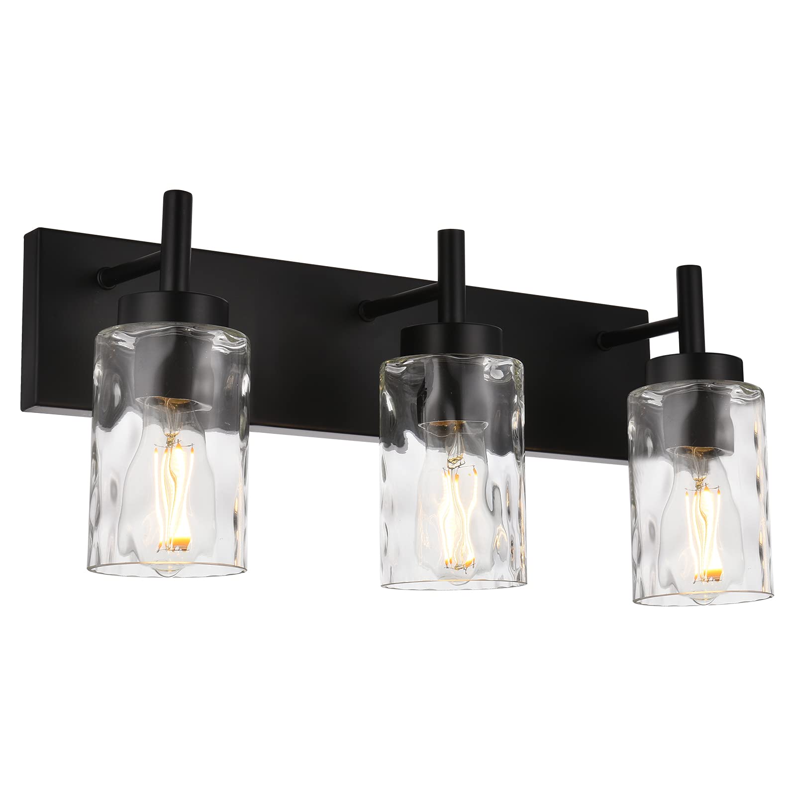 BONLICHT Vanity Light Fixtures 3 Light Modern Wall Sconces Lighting Black Bathroom Lights Wall Mounted with Hammered Glass Shade,Farmhouse Wall Light for Mirror Cabinets, Powder Room, Dressing Table