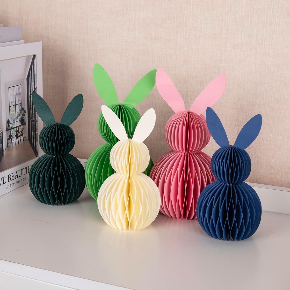 3D Honeycomb Paper Bunny Decorations, Easter Rabbit Figurines, Multicolor Rabbits Table Centerpiece Decor