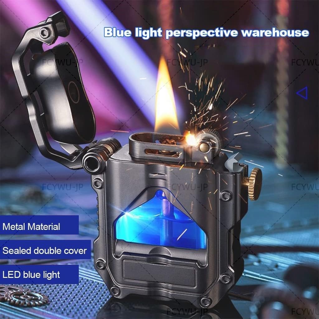 オイルライター ライター おしゃれ LEDライト付き 防風 透明燃料タンク クールなメカ戦士メタルクリエイティブメカニカルテクノロジ