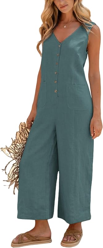 Yeokou Women Button Down Jumpsuits Cotton Linen Sleeveless Casual Wide Legs Rompers Loose Overall With Pockets(Teal-Medium) image 2