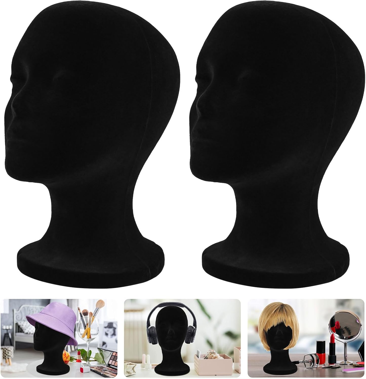 2 Pack Wig Head Stand, 12 Inch Female Styrofoam Mannequin Head, Black Mannequin Head for Wigs, Hats, Glasses, Masks