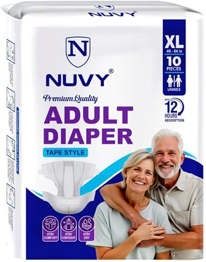 Nuvy Adult Diaper Tape XL (Waist Size -46" to 64") 10 Units, 12Hours Leak Proof Protection, Odour Free