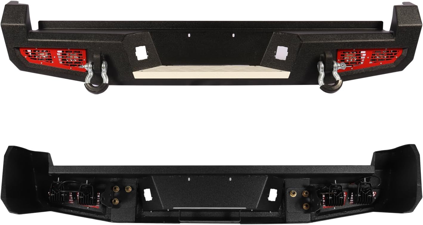 Rear Bumper Step Bumper Compatible with 2005-2015 Toyota Tacoma 2nd Gen Pickup Truck, Off Road Back Bumper with 4 x 18W LED Lights & 2 x D-Rings, Textured Black