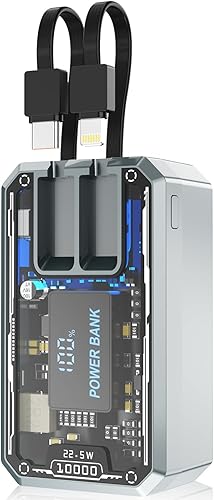 Cargador portátil de 10000 mAh, 22.5 W de carga rápida con cables integrados, batería externa transparente, cargador de teléfono portátil para
