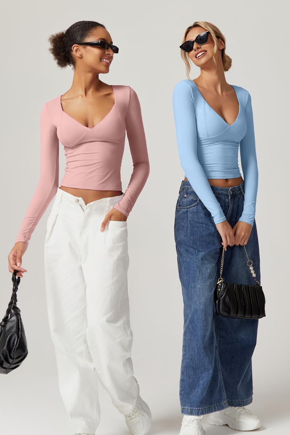 QINSEN Women's Long Sleeve V Neck T Shirts Double Lined Crop Top Seamed Cup Going Out Tops - Image 3