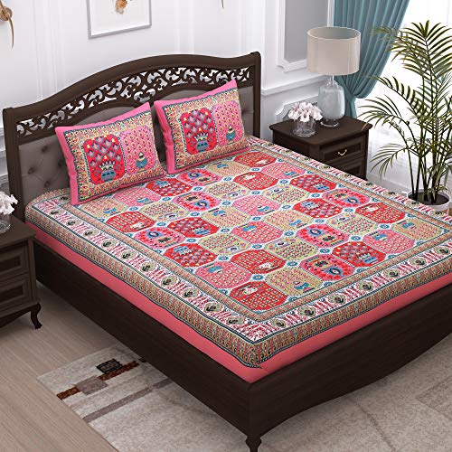 Image of Story@Home 100% Cotton Bedsheet for Double Bed with 2 Pillow Covers|90x108 Inch Floral Pink and Blue