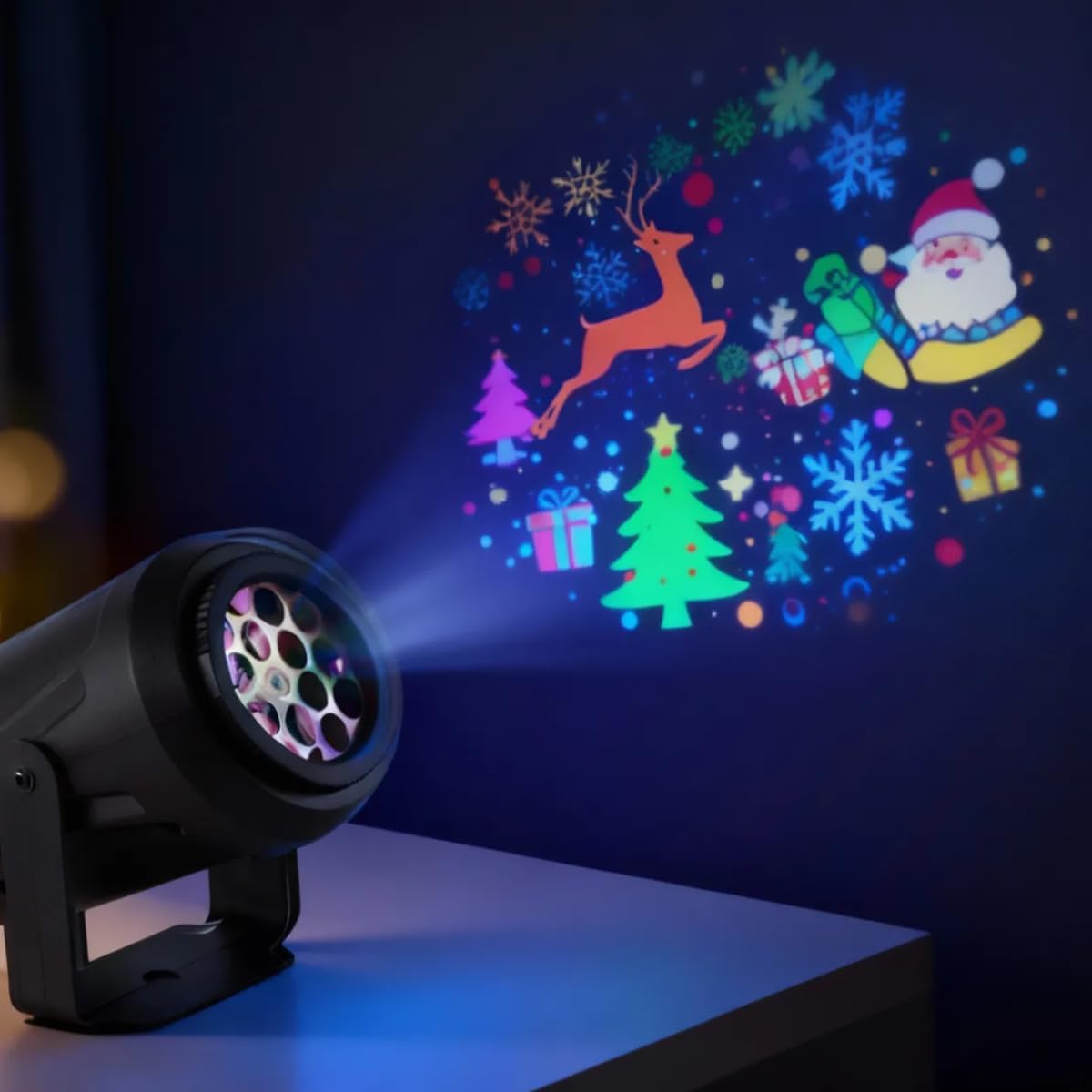 Projetor LED Natalino RGBW, Refletor Imagens Desenhos Natalinos, Luz Decorativa com, Enfeites Natalinas Interno e externo, Material ABS, Cobertura de 50m², 4W de Potência 110V