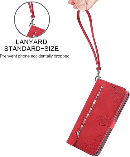 Miniatura 5 de ONV Wallet Case for Hua wei Honor X7 - with Zipper Wrist Strap Emboss Flower Flip Phone Case Card Slot Magnet Leather Shell Flip Stand Cover for Hua