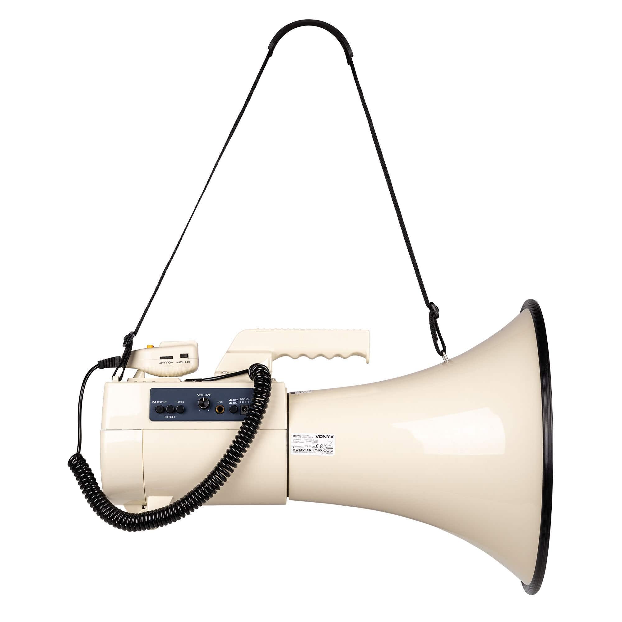 Vonyx MEG150 - Megafono professionale da 150 W con batteria ricaricabile, sirena e microfono, Bluetooth, funzione di registrazione, portata fino a 2000 metri, USB, SD, MP3 e AUX, cinghia, colore beige