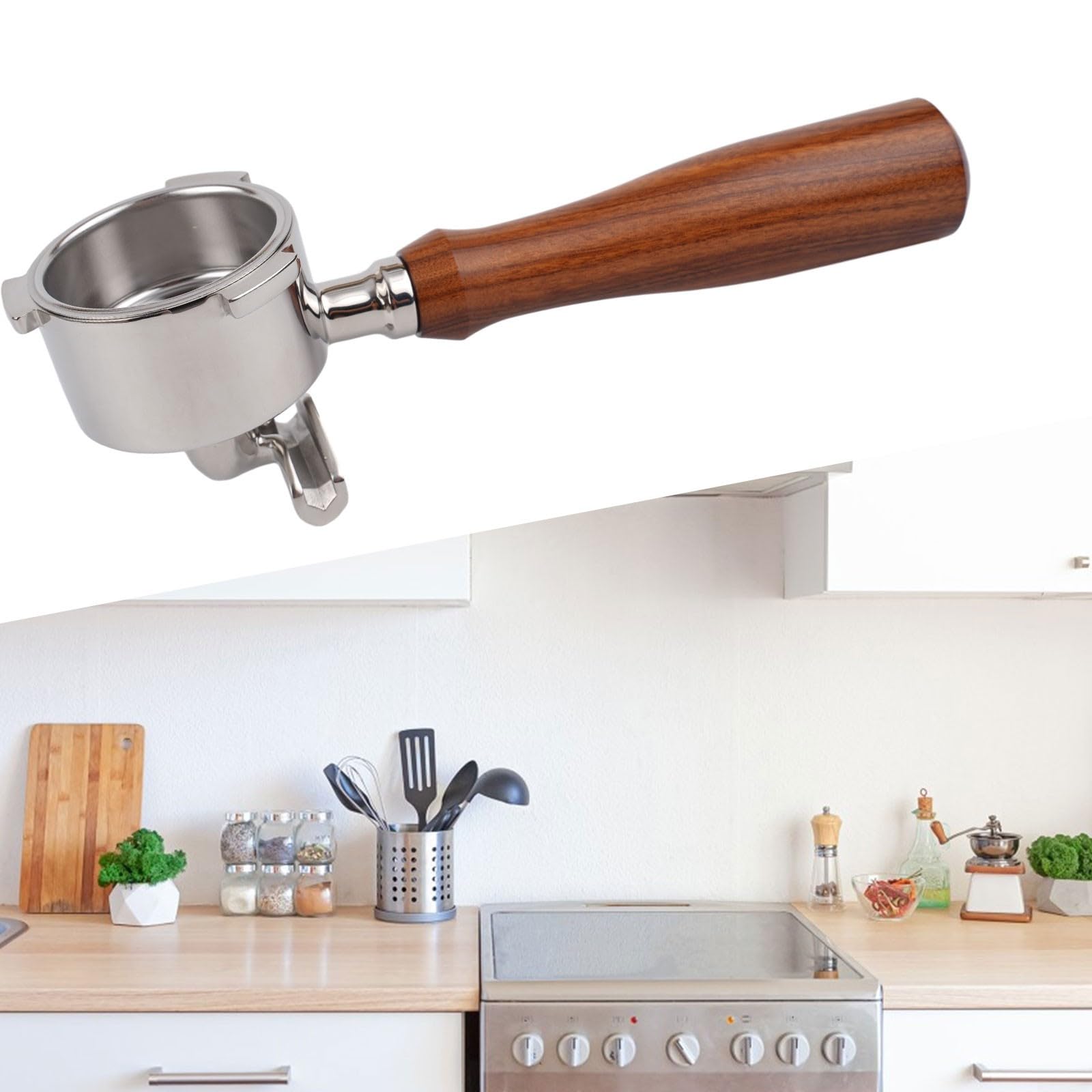 Mango para cafetera, doble boquilla de 51 mm, portafiltro de madera maciza, cesta para máquina de espresso