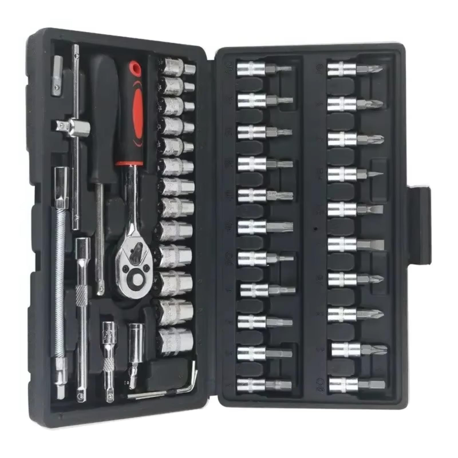 Maletín herramientas multiusos Kit Herramientas Reparación Automóviles Juego Enchufes 1/4 Pulgadas Reparación Automóviles Llave Dinamométrica Trinquete Conjunto Automática Mecánica 46 Uds.