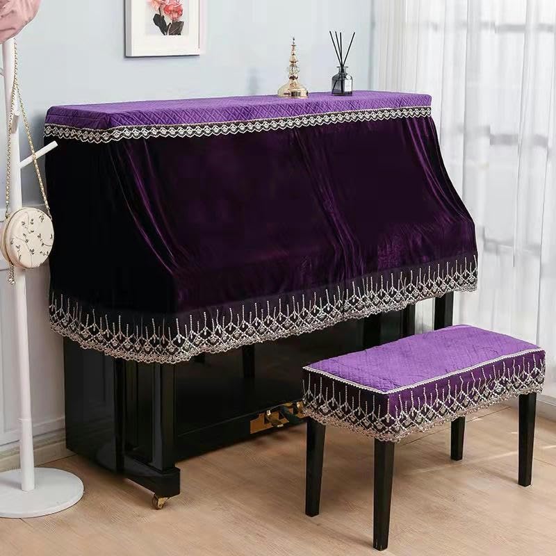 Klavierschutztuch, Klavierbezüge, for 150 cm Standard-Klavier, schwarzer Samt-Rüschen-Staubschutz for aufrechte Klaviere mit Hockerabdeckung, halber aufrechter Klavierbezug, Stoff-Sonnenschutz (Farbe: